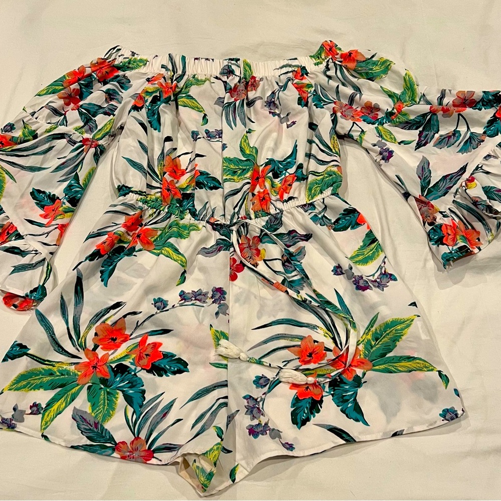 large flower print romper off shoulders with flare three-quarter sleeves